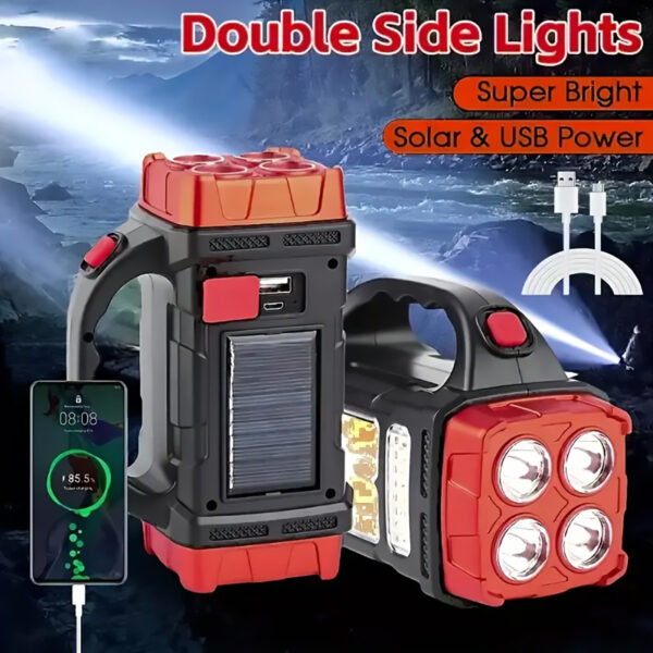 LED Solar Powered Camping Flashlight - Solar Rechargeable, Portable, Water Resistant