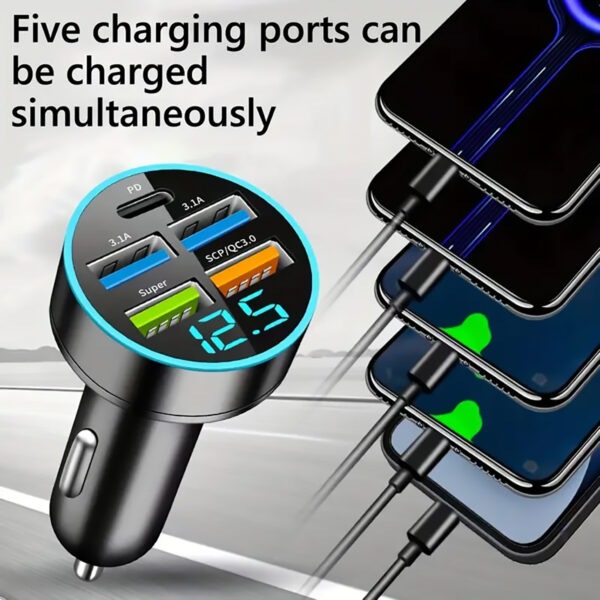 Car Charger 5 Ports USB Super Fast with Intelligent Voltage Detection and Digital Display - Image 7