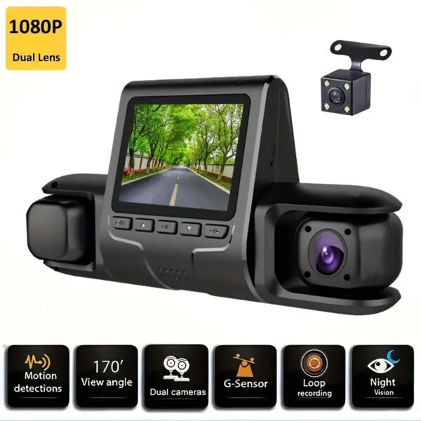 1080P HD Dash Cam with 2 Lenses, Front, Interior & Rear Views, with 360° Rotation, Loop Recording, Wide Angle and Night Vision Features, G-Sensor