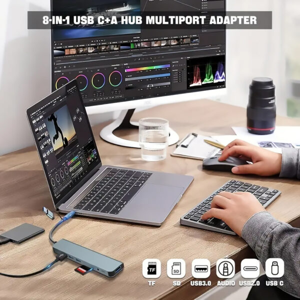 8-in-1 USB Hub, 4 USB Ports, 1 USB-C Port, TF/SD Card Reader, Audio Output, Tablet/Laptop/Mobile Phone Compatible - Image 2