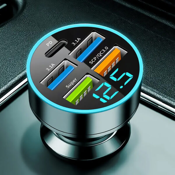 Car Charger 5 Ports USB Super Fast with Intelligent Voltage Detection and Digital Display - Image 3