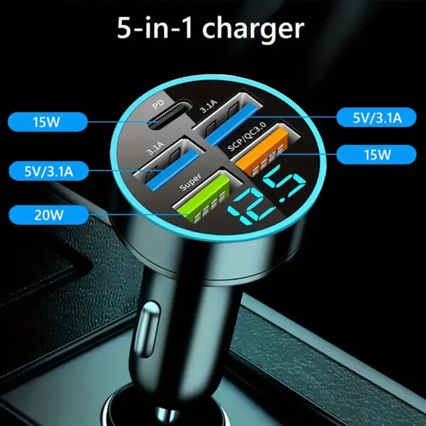 Car Charger 5 Ports USB Super Fast with Intelligent Voltage Detection and Digital Display