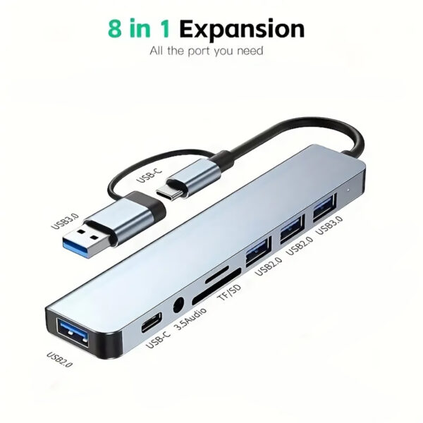 8-in-1 USB Hub, 4 USB Ports, 1 USB-C Port, TF/SD Card Reader, Audio Output, Tablet/Laptop/Mobile Phone Compatible - Image 3