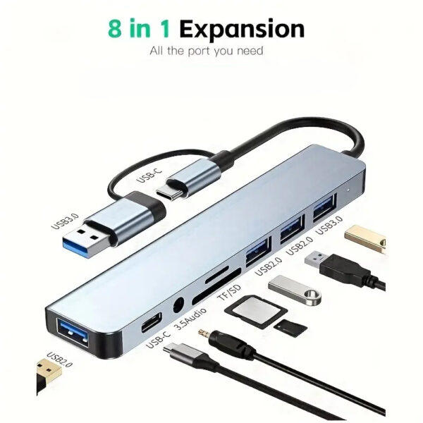 8-in-1 USB Hub, 4 USB Ports, 1 USB-C Port, TF/SD Card Reader, Audio Output, Tablet/Laptop/Mobile Phone Compatible