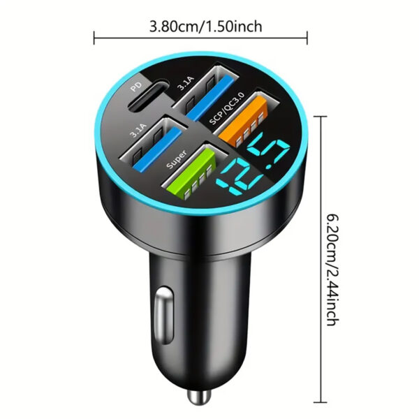 Car Charger 5 Ports USB Super Fast with Intelligent Voltage Detection and Digital Display - Image 6