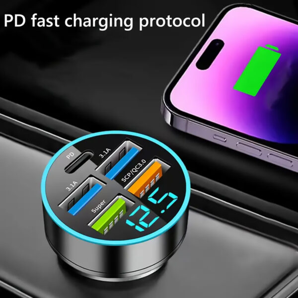 Car Charger 5 Ports USB Super Fast with Intelligent Voltage Detection and Digital Display - Image 5