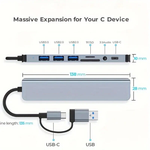 8-in-1 USB Hub, 4 USB Ports, 1 USB-C Port, TF/SD Card Reader, Audio Output, Tablet/Laptop/Mobile Phone Compatible - Image 8