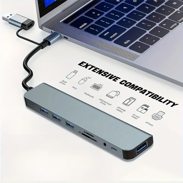 8-in-1 USB Hub, 4 USB Ports, 1 USB-C Port, TF/SD Card Reader, Audio Output, Tablet/Laptop/Mobile Phone Compatible - Image 7