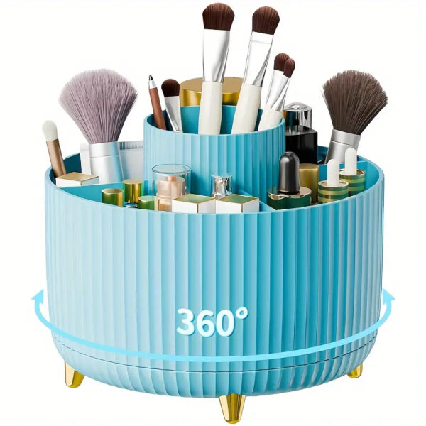 Cosmetic Organizer 360° Rotating , 5 Compartments, Plastic, Stripe Design (Blue Color)