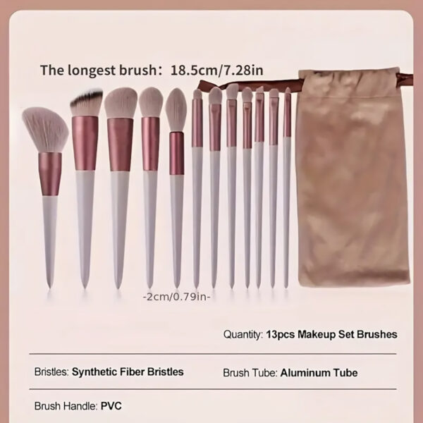 Makeup Brush Set of 13 Pieces Coffee Color brushes, Soft Synthetic Bristles, With Travel Pouch - Image 3