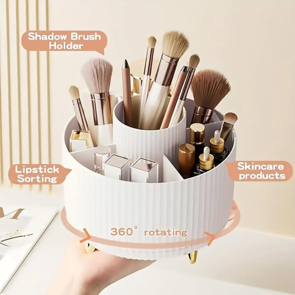 360° Rotating Cosmetic Organiser, 5 Compartments, Plastic, Stripe Design (White) - Image 8