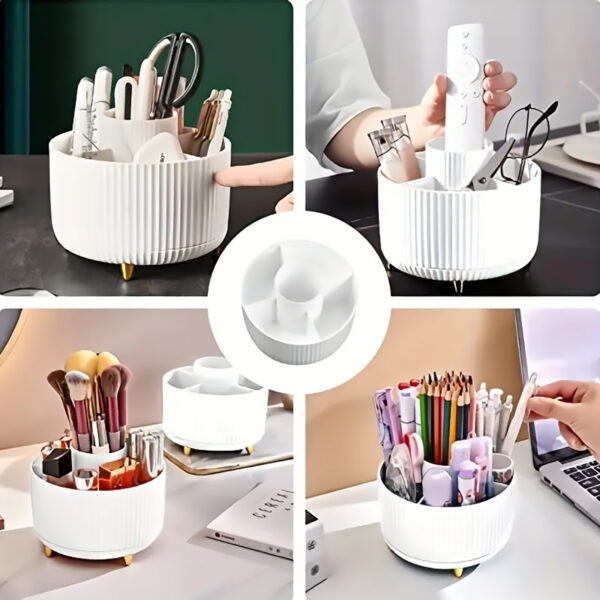 360° Rotating Cosmetic Organiser, 5 Compartments, Plastic, Stripe Design (White) - Image 6