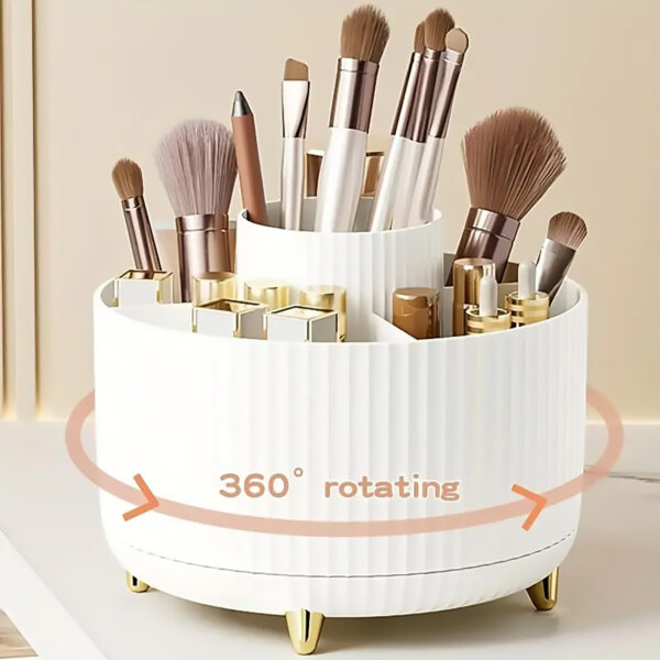 360° Rotating Cosmetic Organiser, 5 Compartments, Plastic, Stripe Design (White)