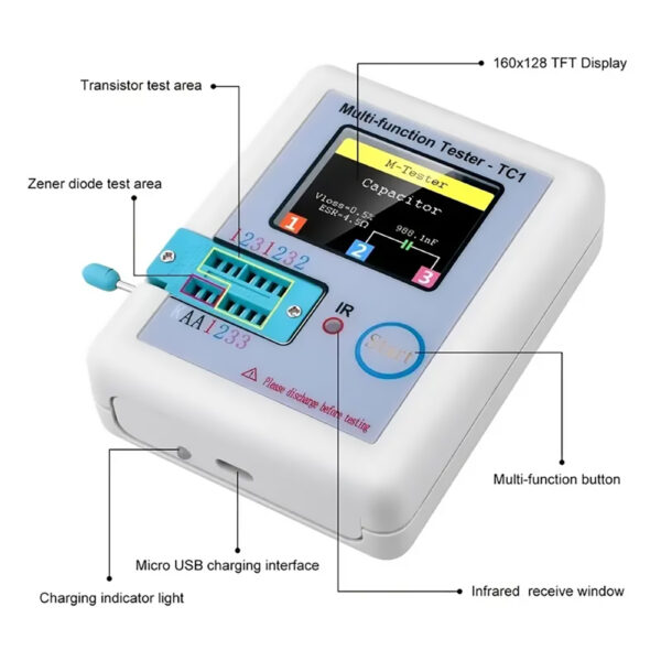 Digital Transistor Tester, 1.8" LCD Display, Multi-meter for Diode, Capacitor, Resistor, MOSFET, NPN PNP - Image 5